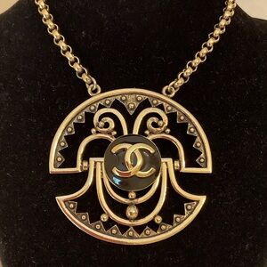 #118 Upcycled Goldtone Statement Necklace with Chanel Button